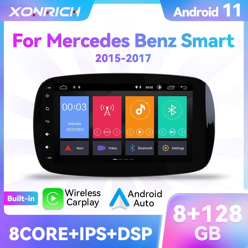 Wireless Speakers, , Carplay Mercedes Smart Fortwo 2015-2017, Android 11, GPS Navigation Stereo, IPS 4Core 2GB 16GB, 128GB, Black, 128GB.
