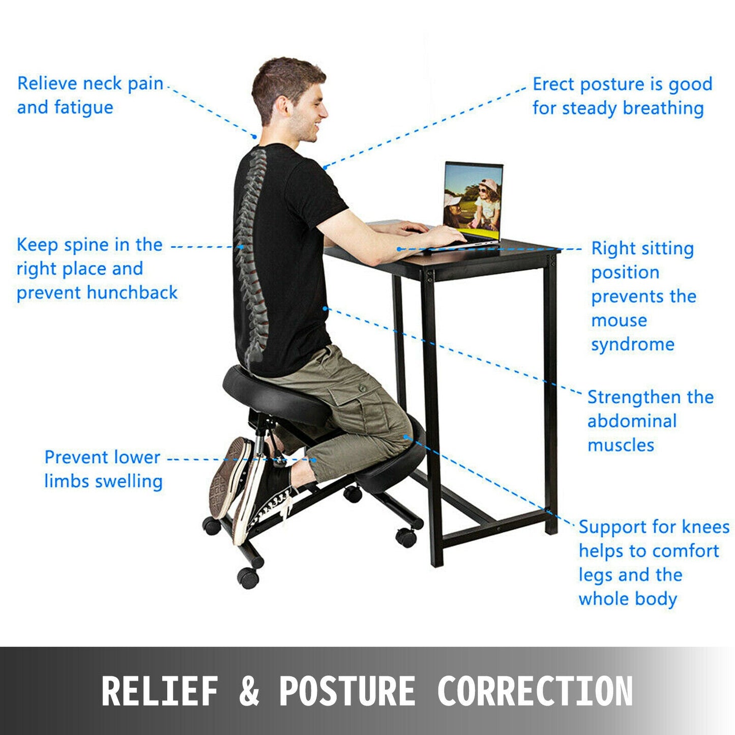 Scaun ergonomic îngenunchiat cu pernă groasă și înălțime reglabilă pentru modelarea corpului și echilibrul posturii acasă sau la birou (50 cm)