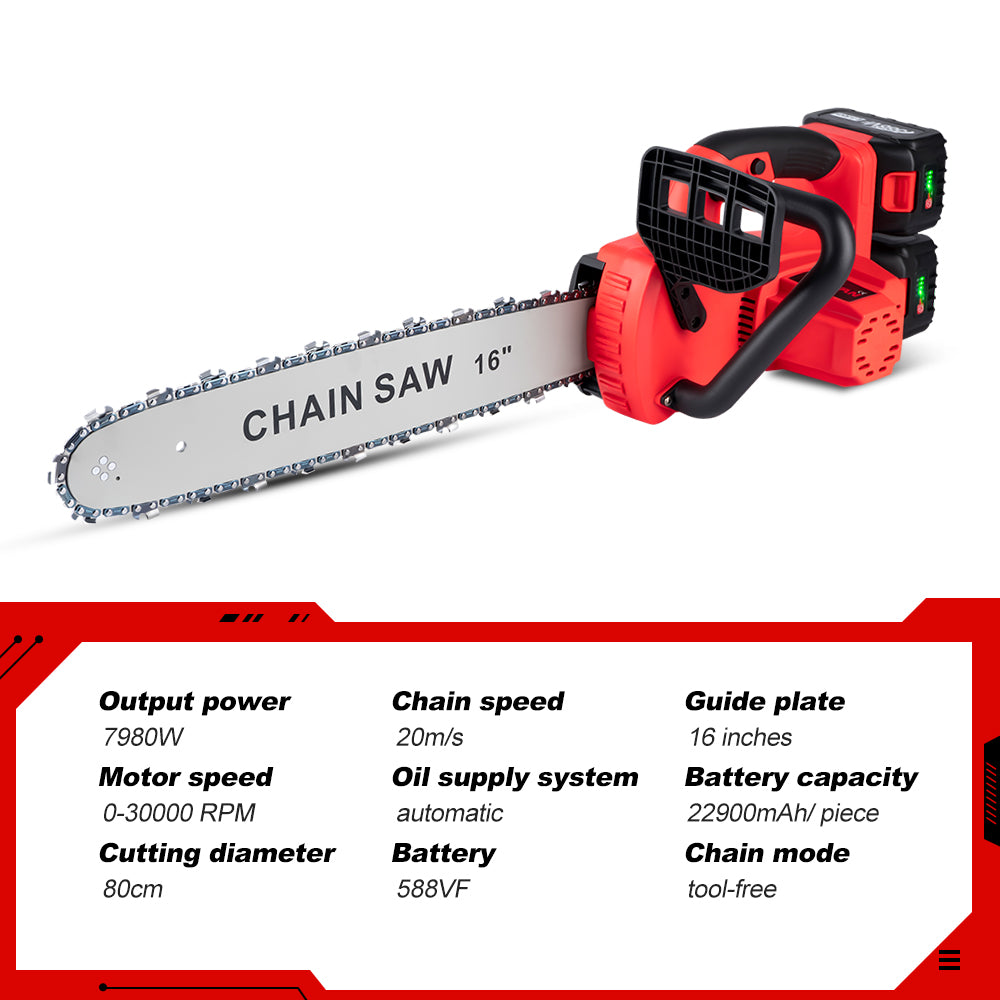 Cordless Electric Saw Chainsaw, 16 inches, 7980W, 18V, 2 Battery US Plug, Red