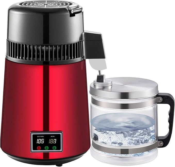 Water Distiller, 1 L/H Distilling Speed, Temperature & Time Settings, Glass Container, Red