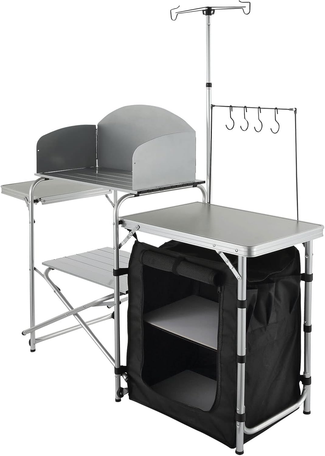 Table, For Kitchen, Camping Use, 9.5kg, Aluminum, 1Cupboard, Black