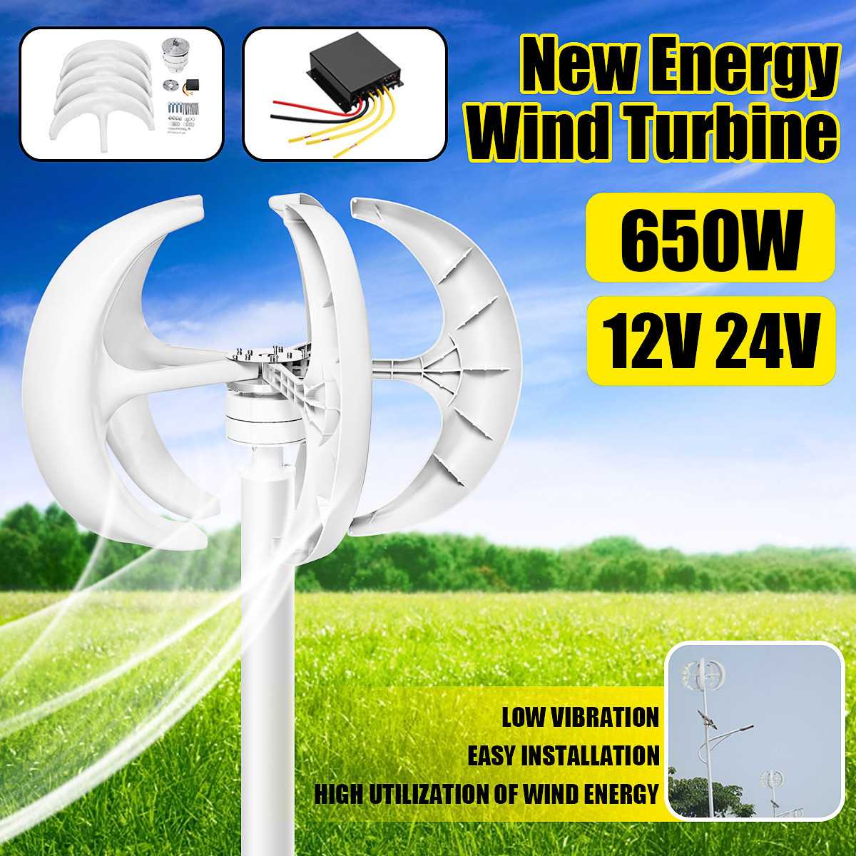 Windturbine, 650W, 5 Blades, MPPT Controller, Low Noise, Black