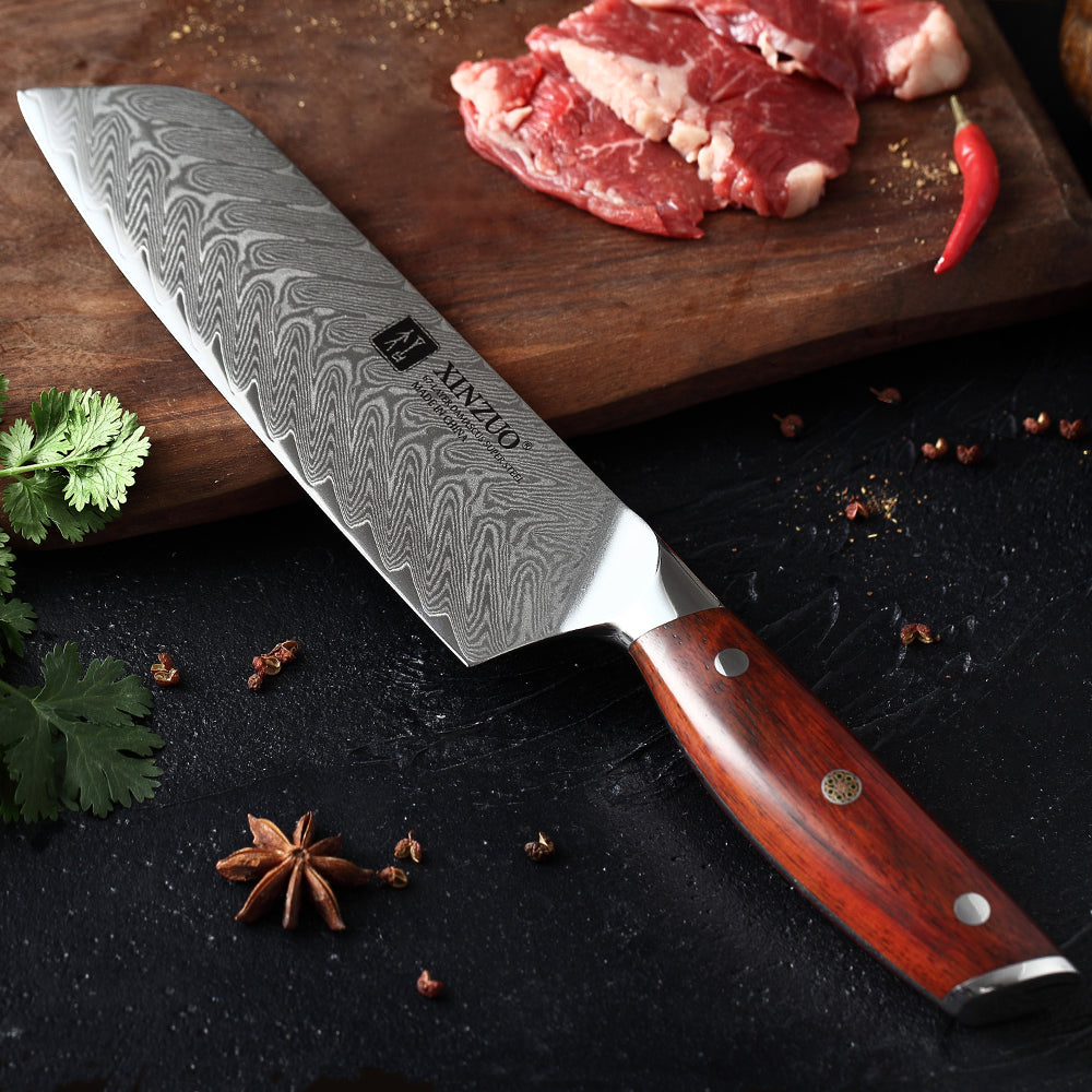 7" Santoku Damascus Steel Kitchen Chef Knife Rosewood Handle High Carbon Stainless Steel