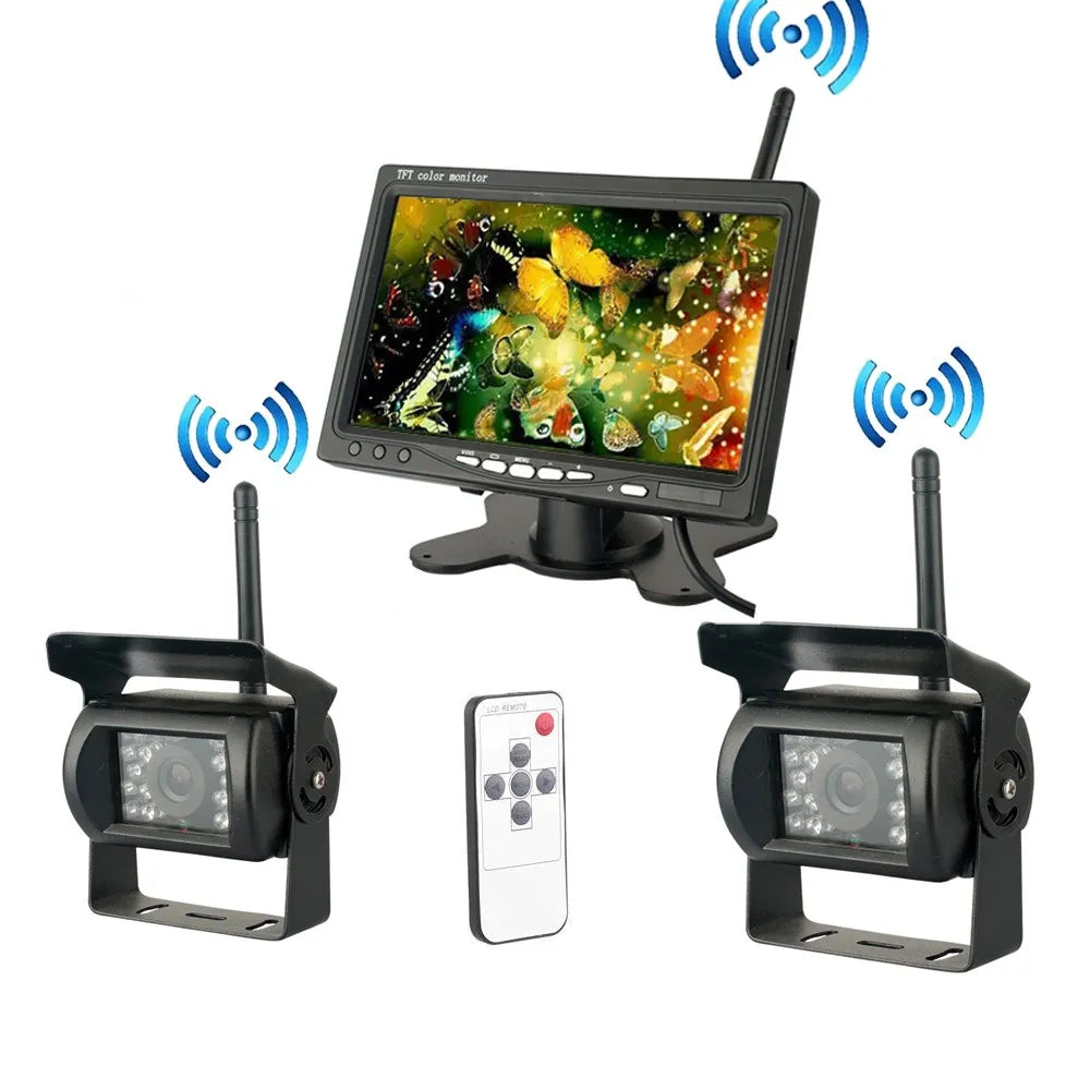 Wireless Backup Camera, , 7" Monitor, Dual Rear View, Wireless, Trucks Bus Excavator Caravan RV Trailer