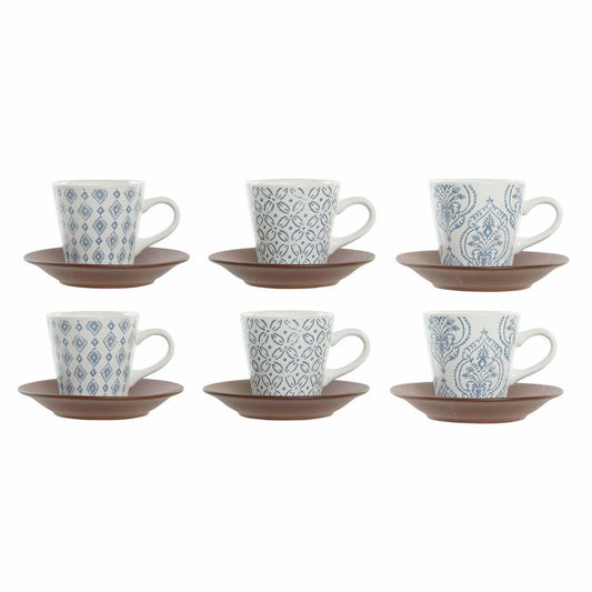 Set de Căni de Cafea DKD Home Decor Albastru Maro Lemn de cauciuc Alb Gresie 90 ml