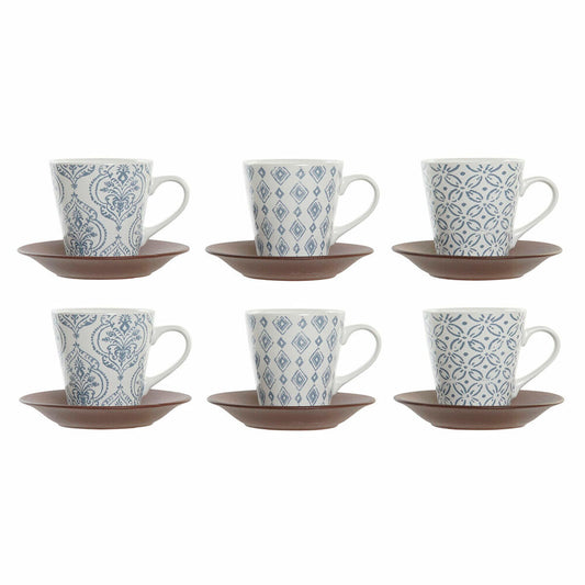 Set de Căni de Cafea DKD Home Decor Albastru Maro Lemn de cauciuc Alb Gresie 150 ml