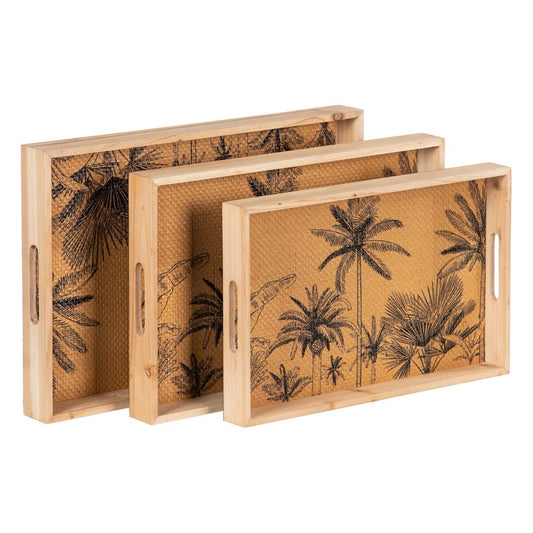 Snack tray 45 x 31 x 5 cm Natural Wood Rattan 3 Pieces Palm tree