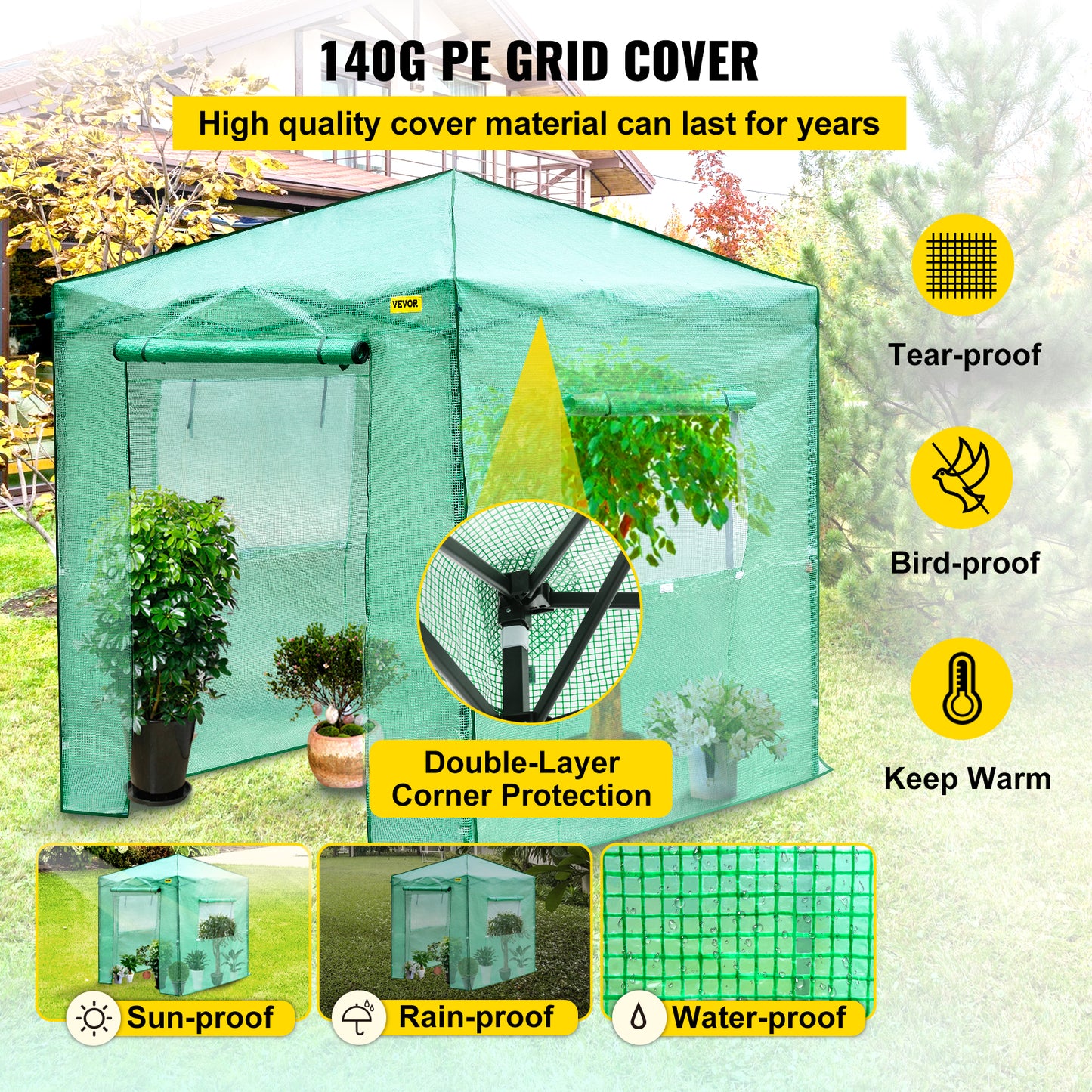 Weather-proof Walk-in Greenhouse with Roll-up Doors & Windows Steel Frame PE Cover Portable 8x6FT/ 8x12FT.