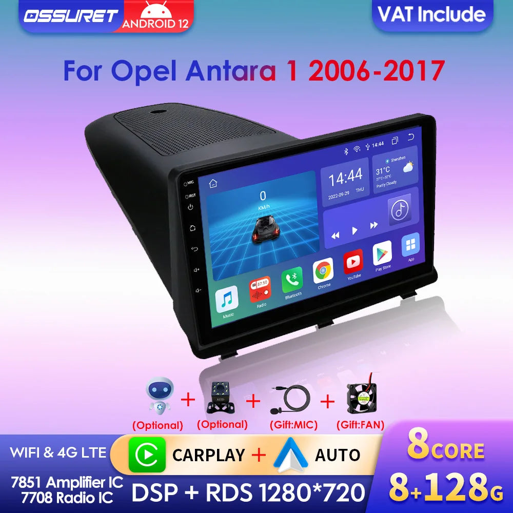 Wireless Speakers, , Opel Antara 1, Carplay, Android 12 Navigation, GPS Stereo BT RDS DSP Head Unit, Black, 9" Size.