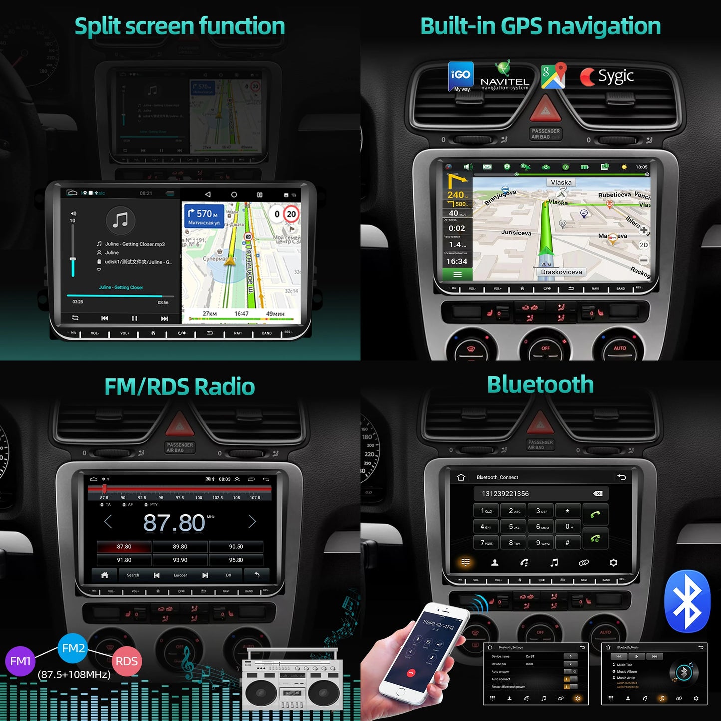 Player multimedia auto, Gearelec, 12LED, 2GB, 32GB, Android 10, Carplay, WiFi, GPS, negru