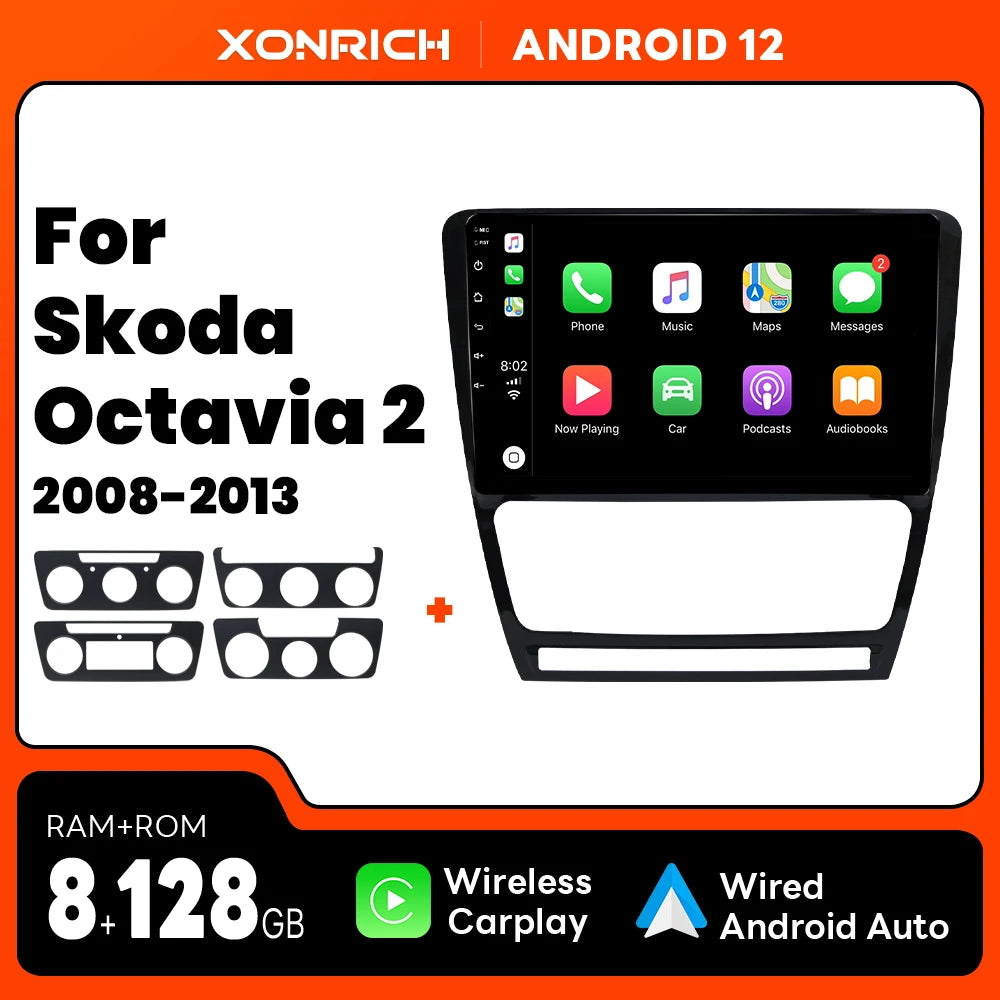 Wireless Speakers  Skoda Octavia 2 A5 2008-2013 Android 12 4G Car Multimedia 2din autoradio Carplay 128G T1(2GB 32GB)OBD Cam