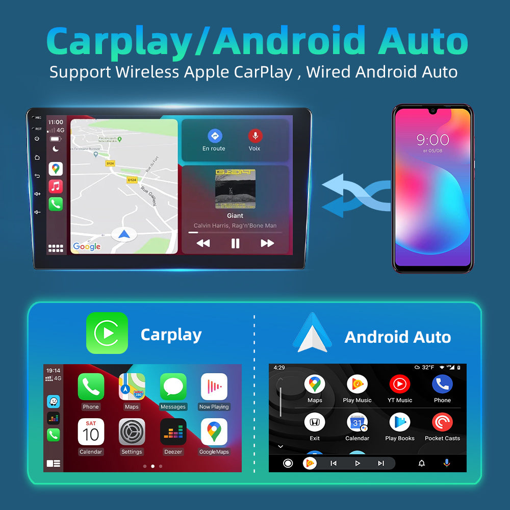 Lecteur multimédia de voiture, Podofo, Android Auto, 16 Go, Carplay, gris