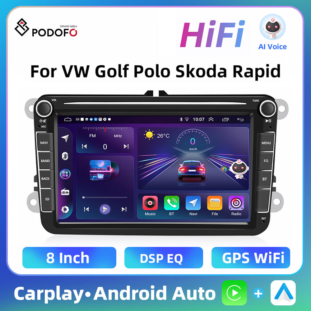 Car Multimedia Player, Podofo, 12LED, 2GB, 32GB, Android 10, MP5, Wifi, Black