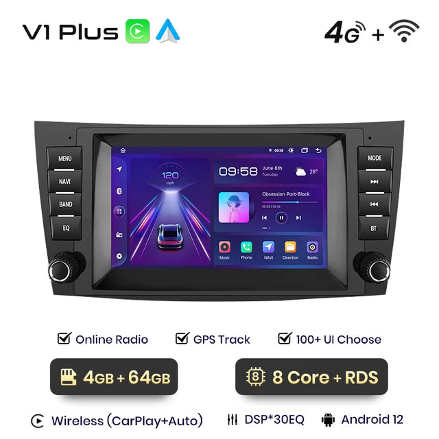 , V1 Plus (4GB 64GB), Mercedes Benz E-Class W211 W219, Android Auto/Carplay, RDS GPS, No 2din autoradio