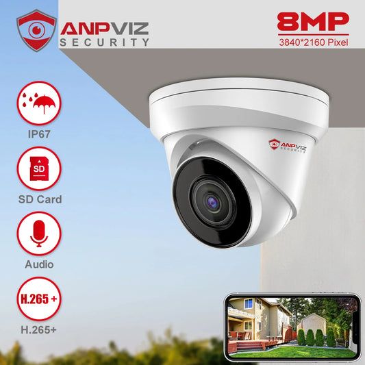 Surveillance Camera, Anpviz, 8MP 4K, Outdoor Night Vision, IP67, 30m CCTV, SD Card 256GB, H.265+, Built-in Mic, Audio