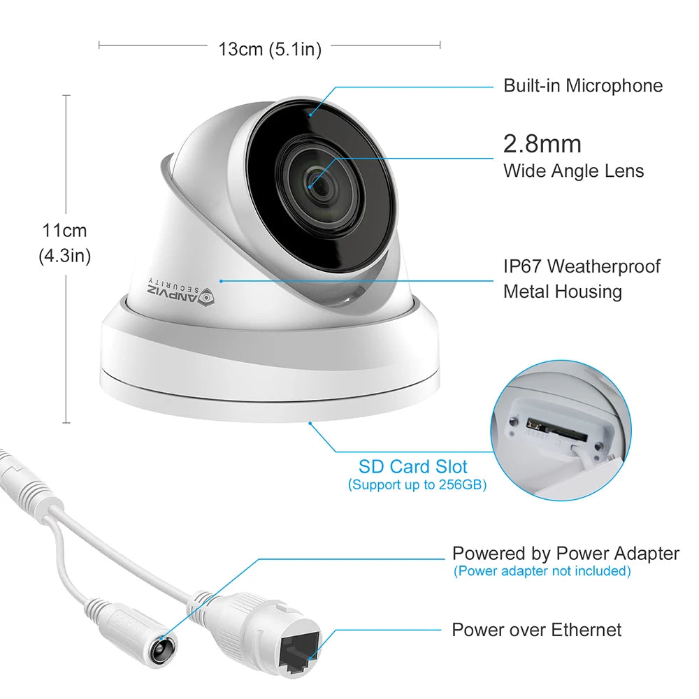 Surveillance Camera, Anpviz, 8MP 4K POE IP, Night Vision 30m, IP67, 256GB SD Card, H.265+, Built-in Mic, Audio, Outdoor, Black, Standard