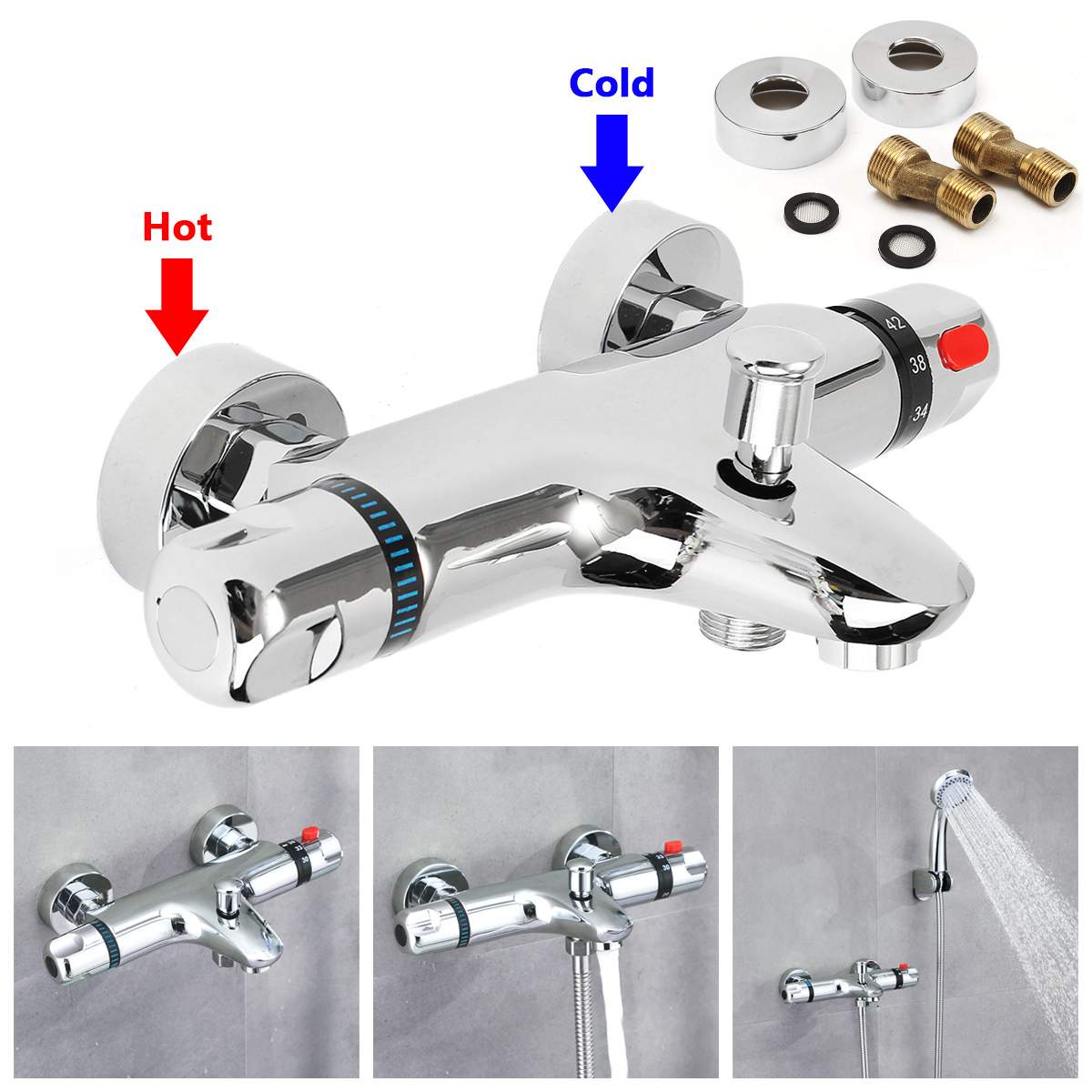 Faucet, Thermostatic Mixer, Hot/Cold, Bathtub/Shower, [Brand], [Model], Chrome, Standard Size