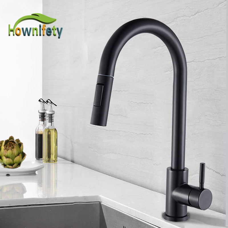 Faucet, Hownifety, Pull Out, Crane Tap Sprayer, Cold Hot Water Mixer, Brushed Gold Black