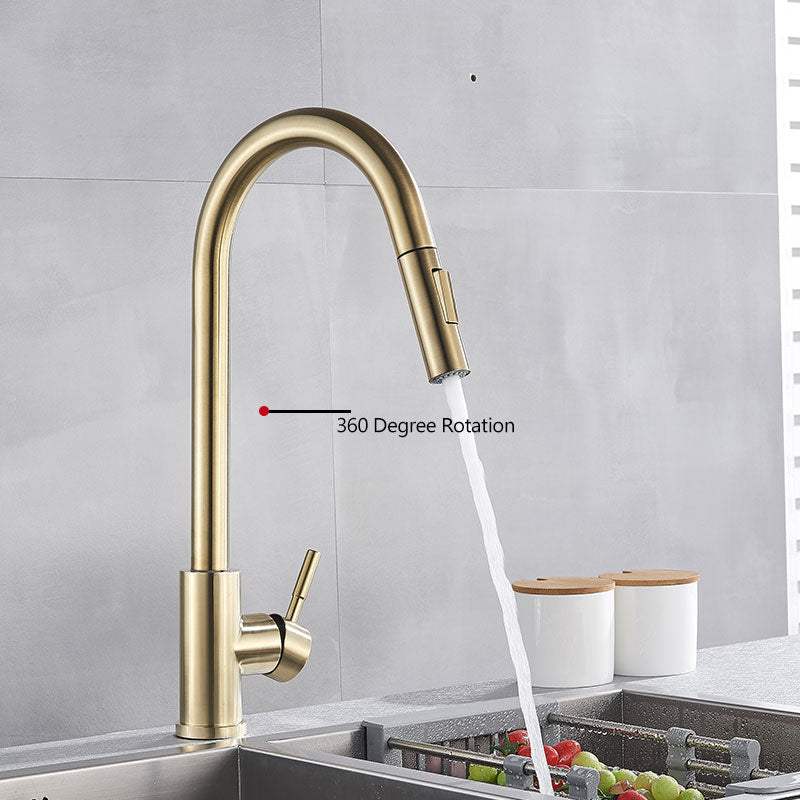 Faucet, Hownifety, Pull Out, Crane Tap Sprayer, Cold Hot Water Mixer, Brushed Gold Black