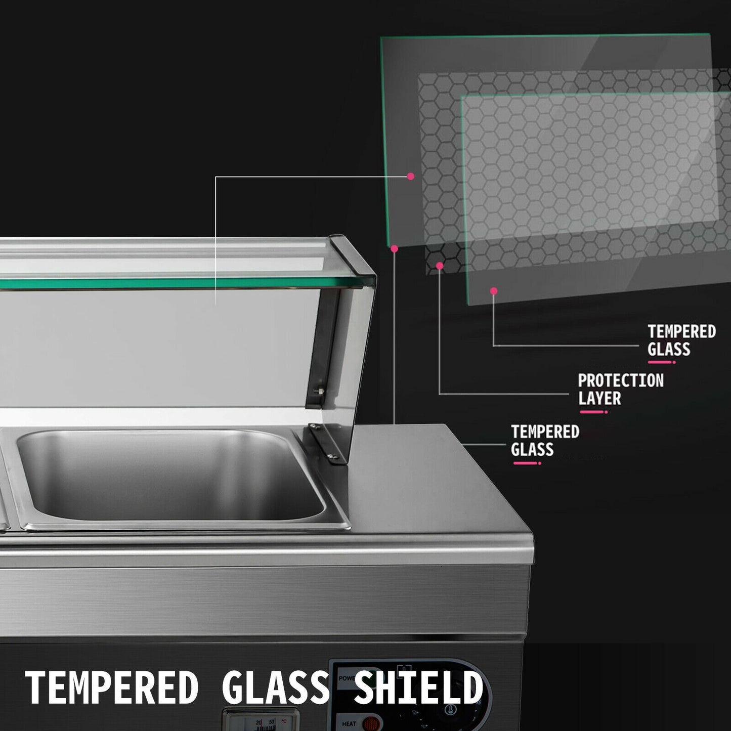 Stainless Steel Buffet Warmer with Glass Shield and 3-12 Pans