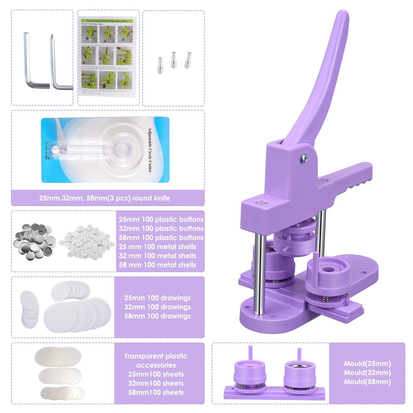 Mașină de făcut insigne, matriță 25,32,58mm, 300 buc, tăietor cerc, portocaliu