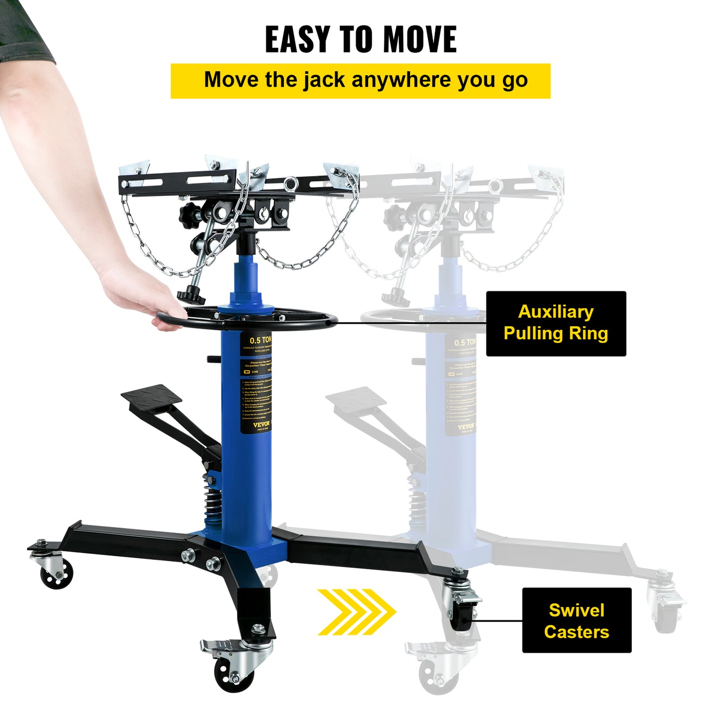 Hydraulic Telescopic Floor Jack with Foot Pedal and Swivel Wheel, 360°, Garage Lift Hoist, 44.09" Max Height.