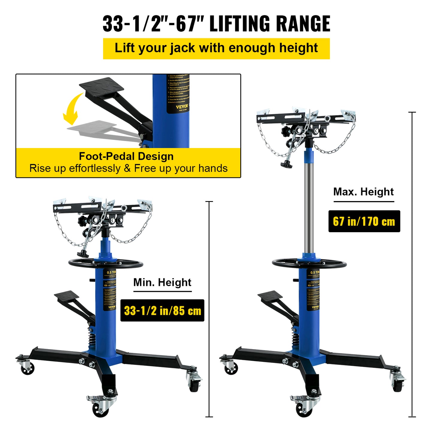 Hydraulic Telescopic Floor Jack with Foot Pedal and Swivel Wheel, 360°, Garage Lift Hoist, 44.09" Max Height.