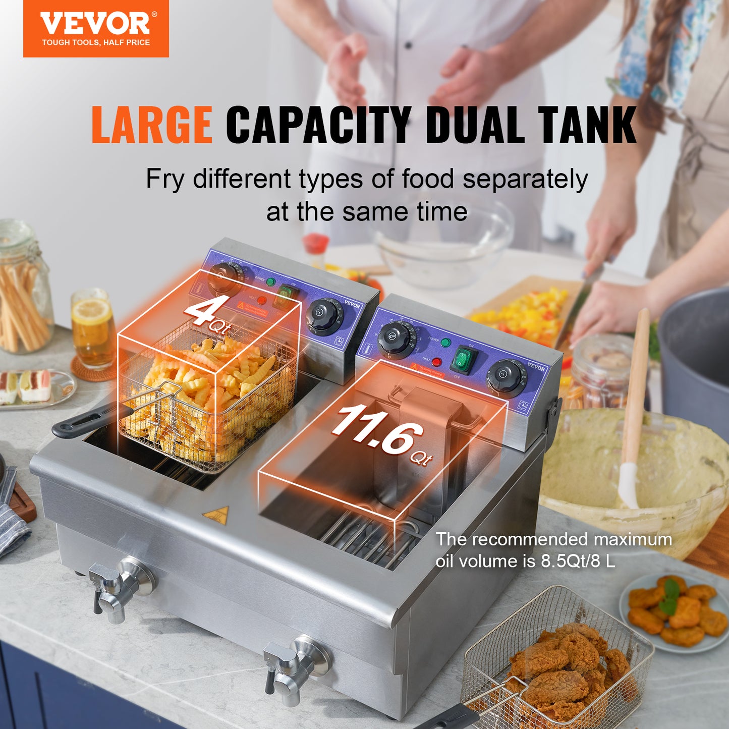 Electric Deep Fryer, Vevor, 12L, 3000W, Dual Tanks, Timer, Stainless Steel