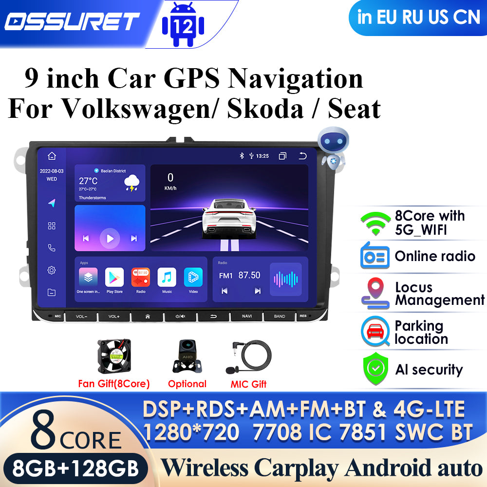 Car Multimedia Player, Ossuret, S8 AHDC2, 8GB, 128GB, 2Din, Android 12, AI, Black