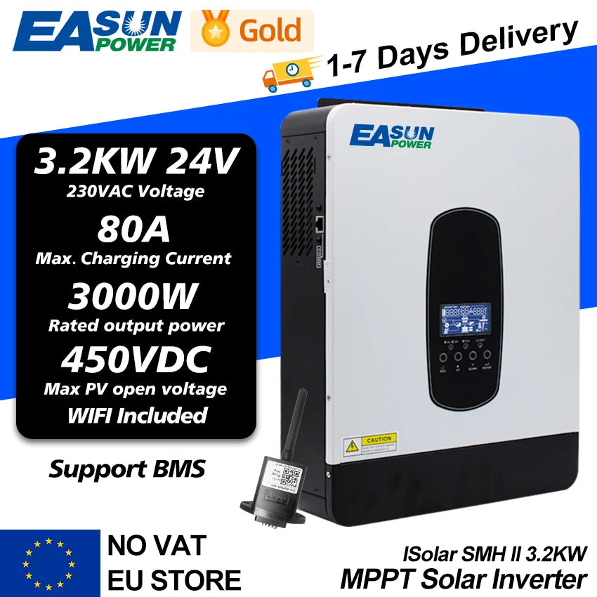 Solar Power Inverter, , Hybrid MPPT 24V 3.2KW Pure Sine Wave, 3200VA 3000W, 80A 450V PV Input, WIFI Solar Controller SMH II, Black, Standard Size.