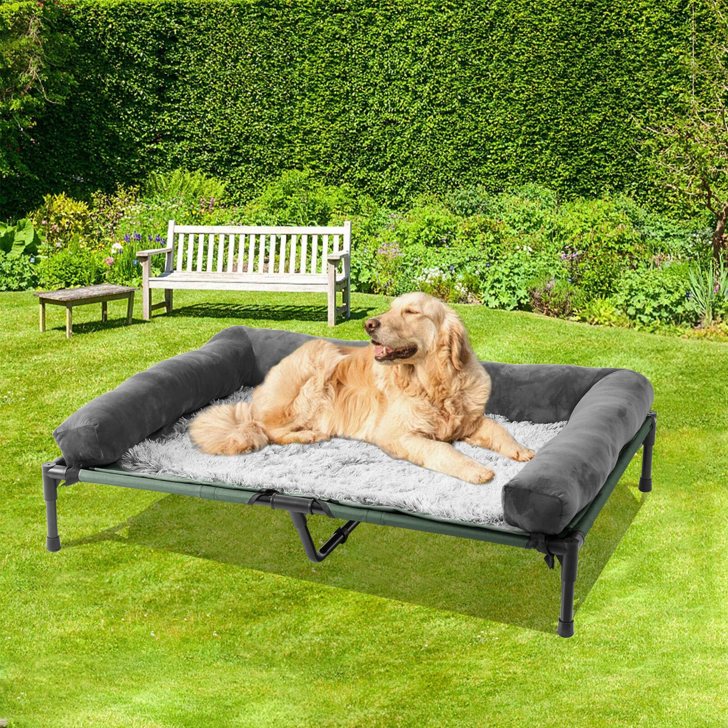 Elevated Dog Bed with Bolster - Large Size, Weatherproof, Cooling Material.