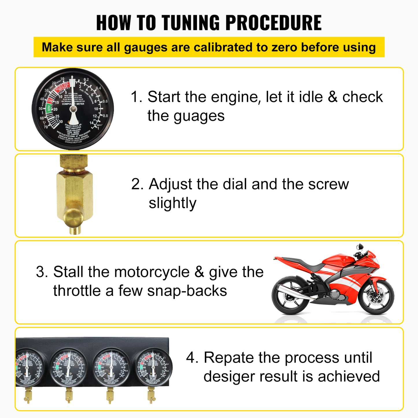 4 Gauge Vacuum Balancer Kit for Motorcycle Carburetor Synchronization.