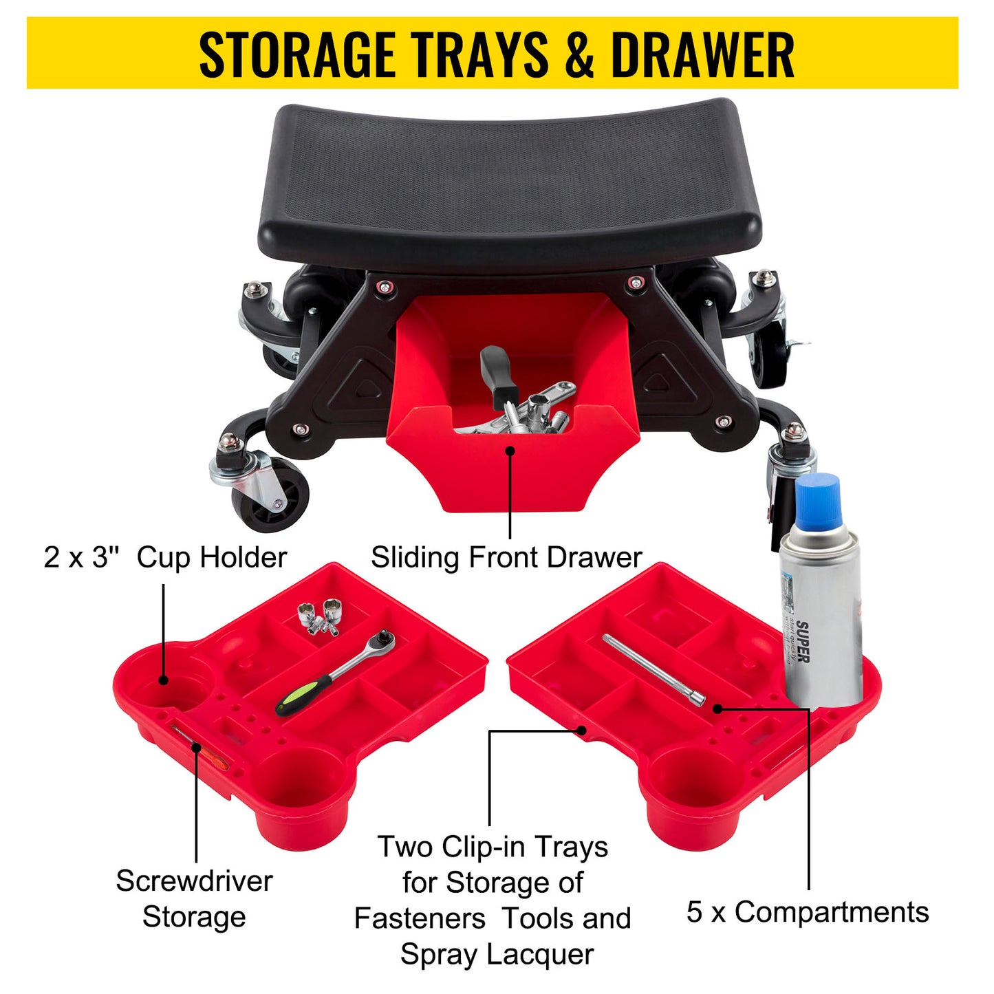Brake Stool with 3 Trays & Toolbox, Mobile & 300LBS Capacity.