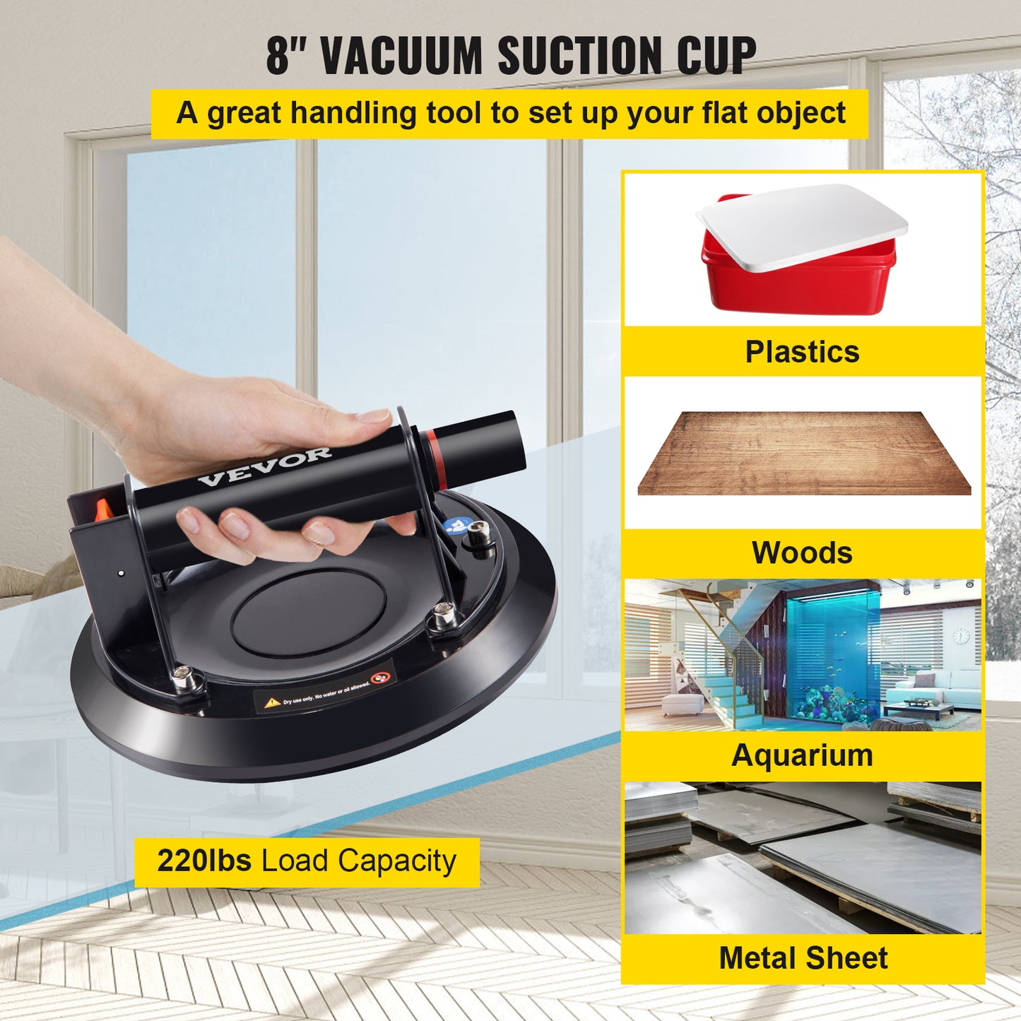 Suction cup lifter for moving large granite or glass slabs, capacity 100 kg, black