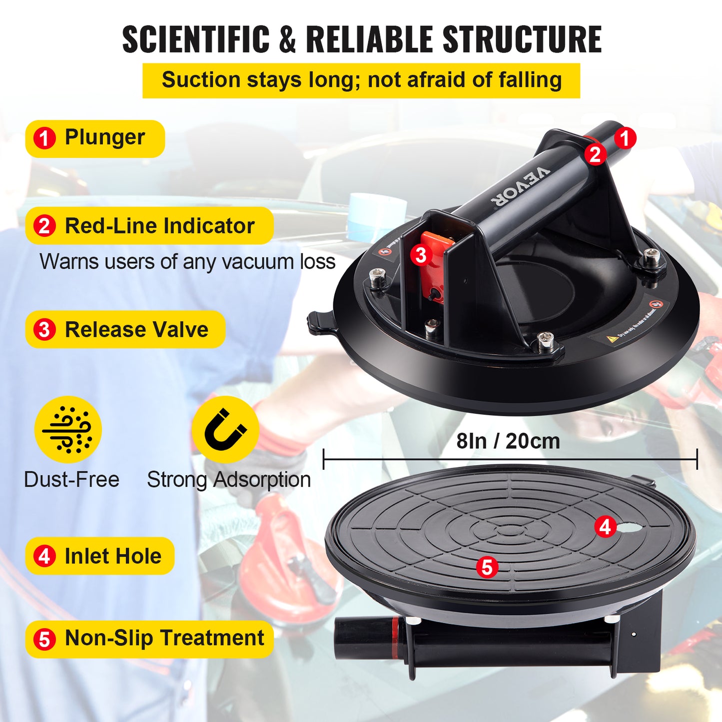 Ridicator cu ventuza pentru mutarea placilor mari de granit sau sticla, capacitate 100 kg, negru