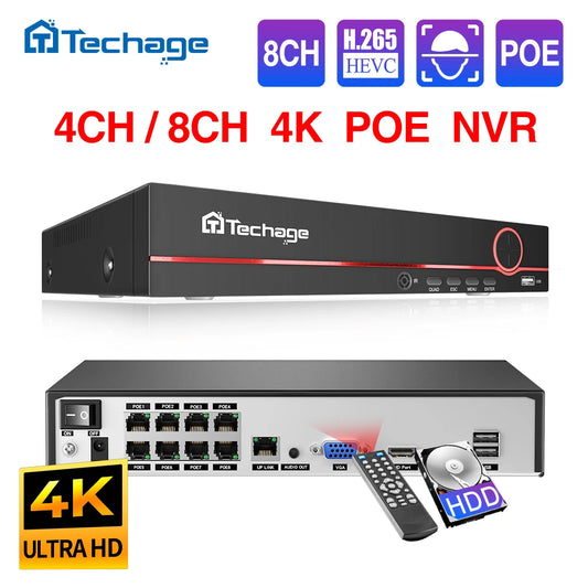 Surveillance Camera, H.265 8CH 4MP 5MP 8MP 1080P 4K POE NVR, Two-way Audio, Black, Up to 16CH, for POE IP Camera, CCTV Video