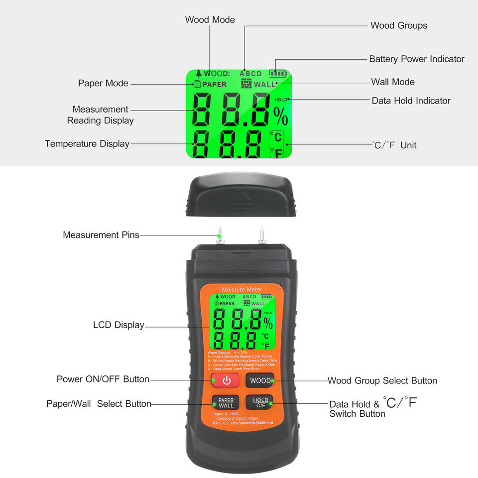 Digital Moisture Meter, Plastic, 10mm, Integrated Needle, Black