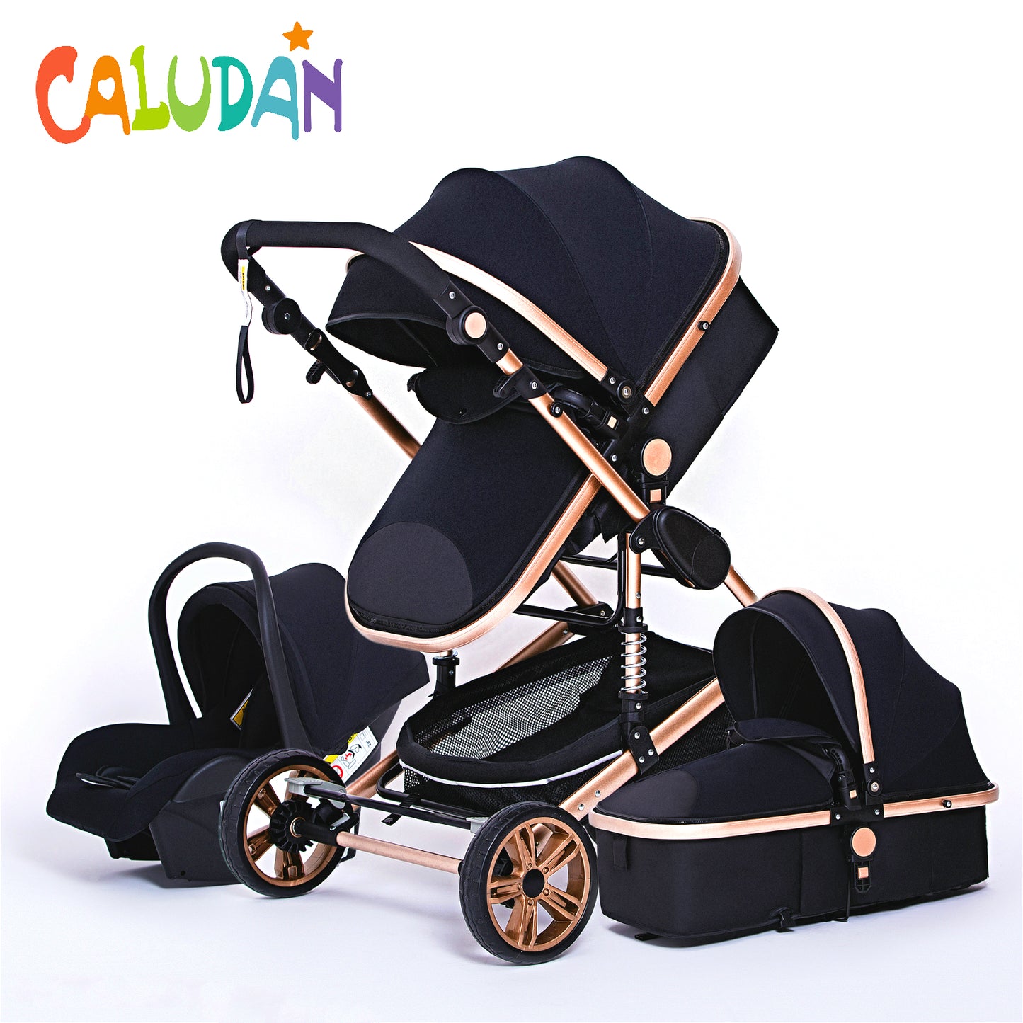 Baby Stroller, Caludan, 3 in 1, Luxury Travel Pram, Car Seat, Carrier Pushchair, Black Gold