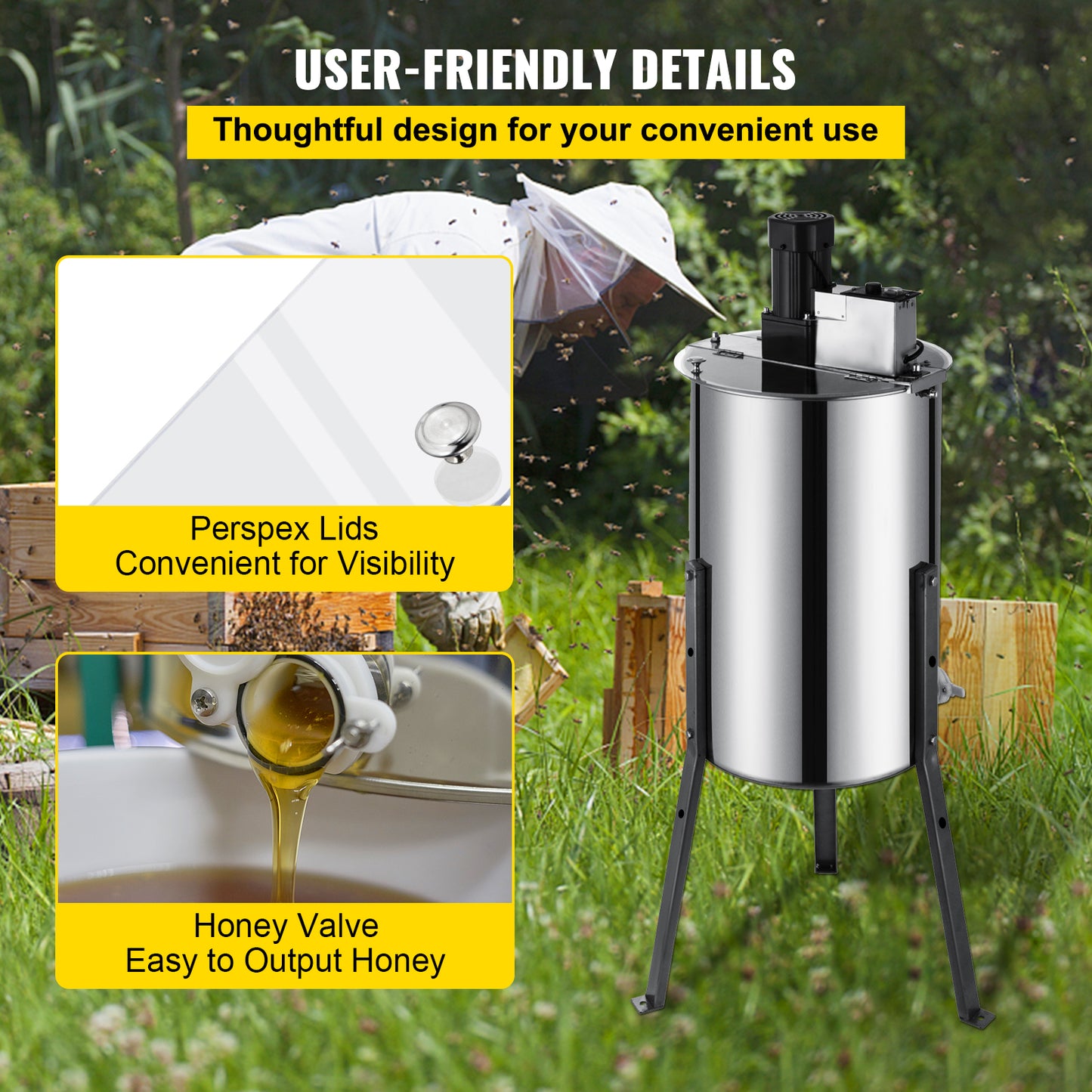 Honey Extractor, Electric, Stainless Steel, 3 Frames, 50cm High, Silver