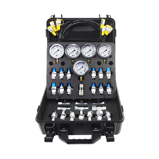 Hydraulic pressure gauge kit with 5 hoses, 13 couplings, 14 connectors, 5 pressure gauges, 600 bar capacity