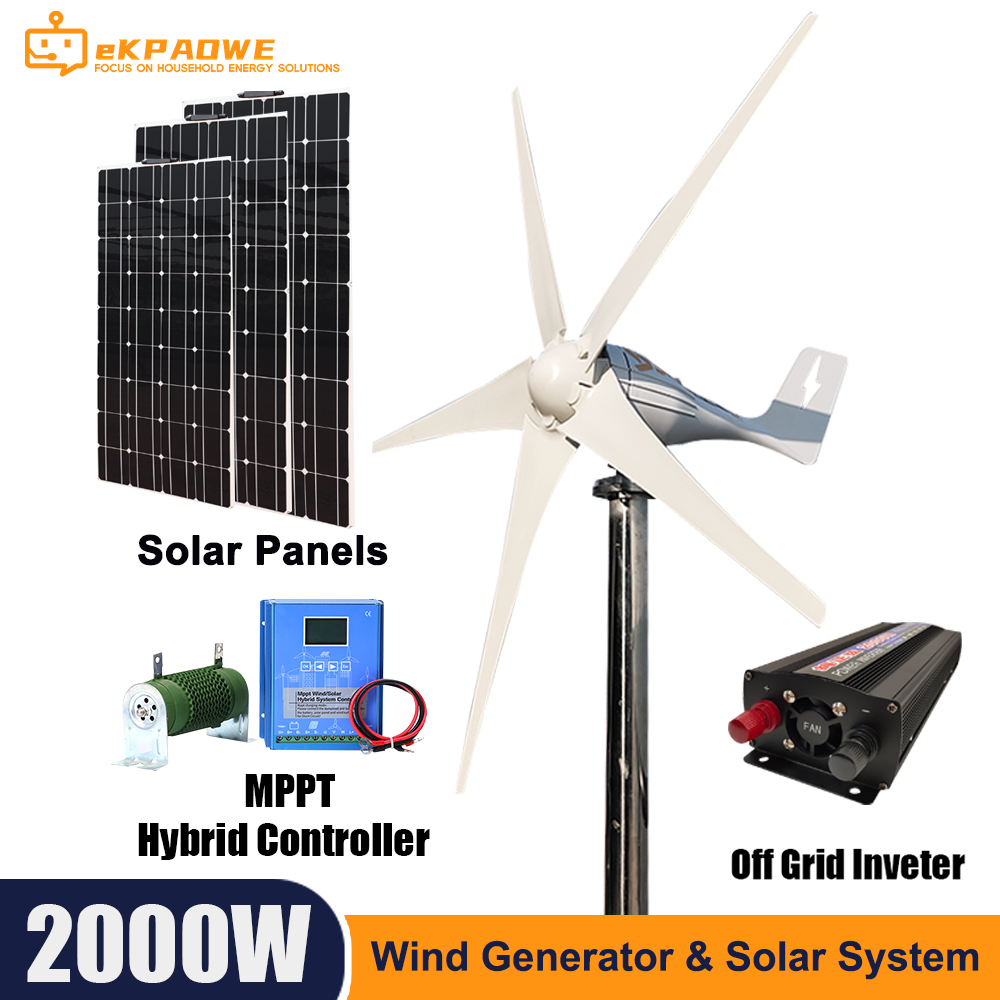 Low Noise Hybrid 1000W Wind Turbine + MPPT Controller + Solar Panels + Inverter + 12.8v100Ah LiFePo4 Battery + Home Energy System