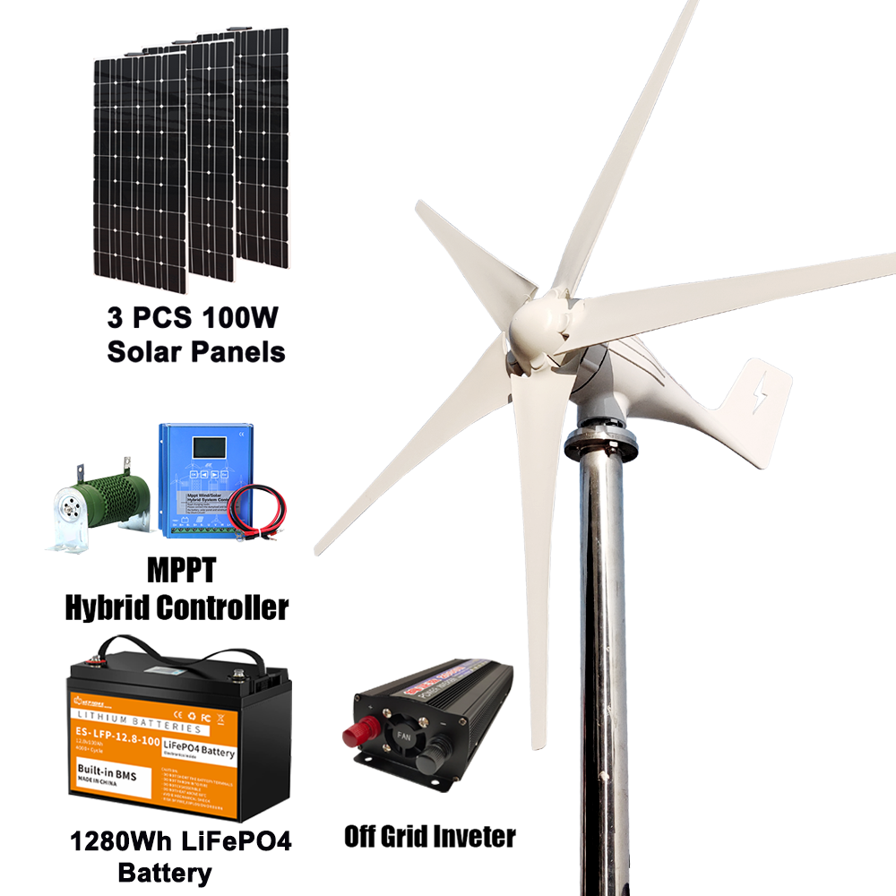 1000W Wind Turbine with MPPT Controller and Solar Panels, 12V/24V Inverter, 12.8v100Ah LiFePo4 Battery