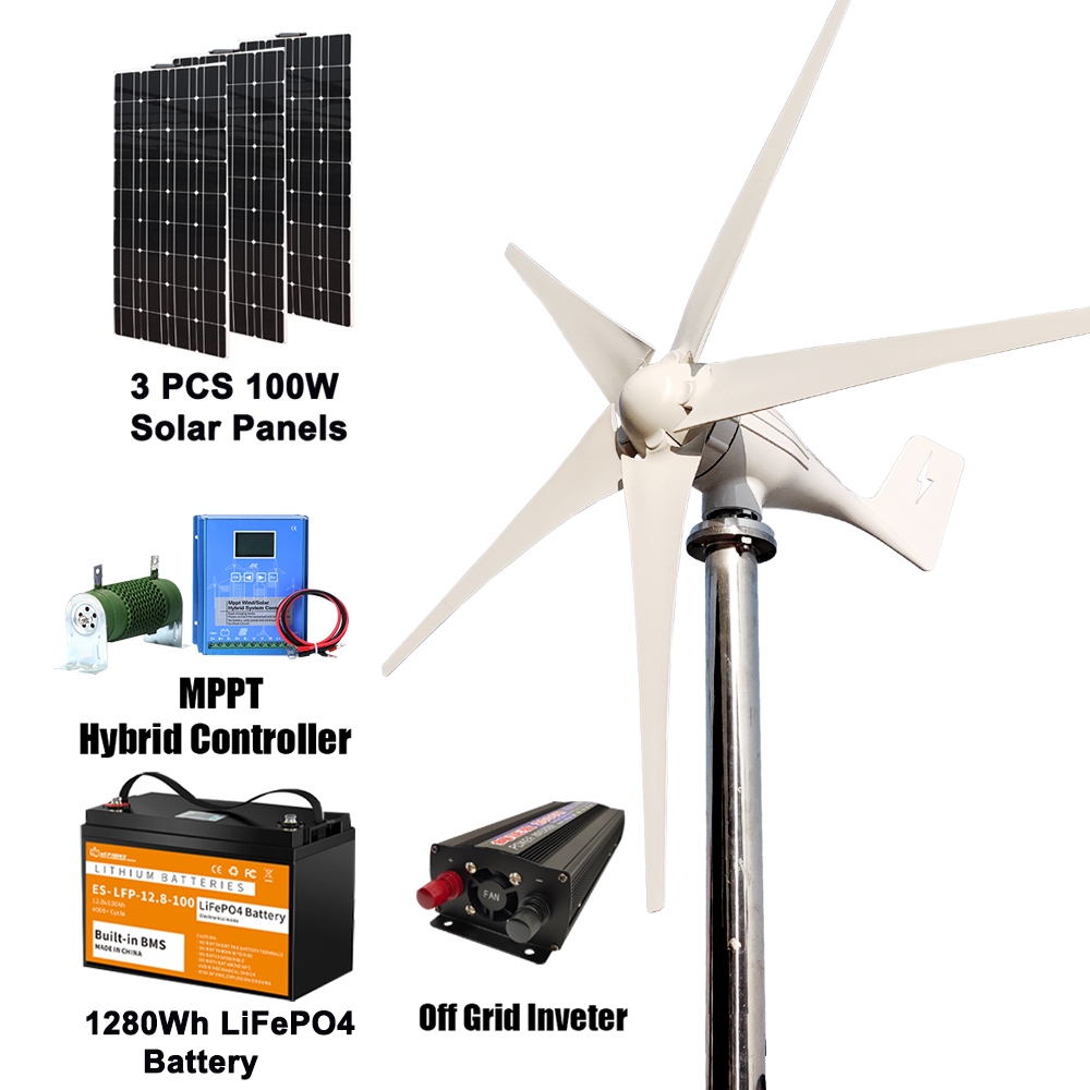 Low Noise 1000W 12V/24V Wind Turbine Solar Panels Inverter 12.8v100Ah LiFePo4 Battery Home Energy System - 50 characters