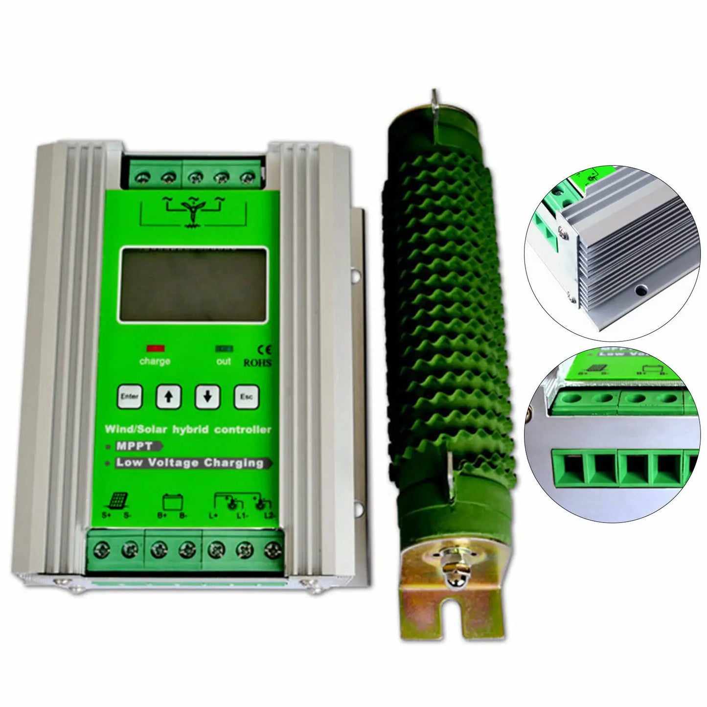 Solar controller, MPPT Hybrid, for Wind Turbine, LCD, 12-24V, 600-800W, Green