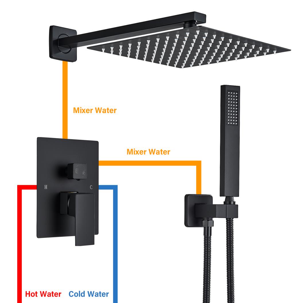 Shower Column, 20191225, 25cm, Ceramic, Stainless steel, Wall Mounted, Matte Black