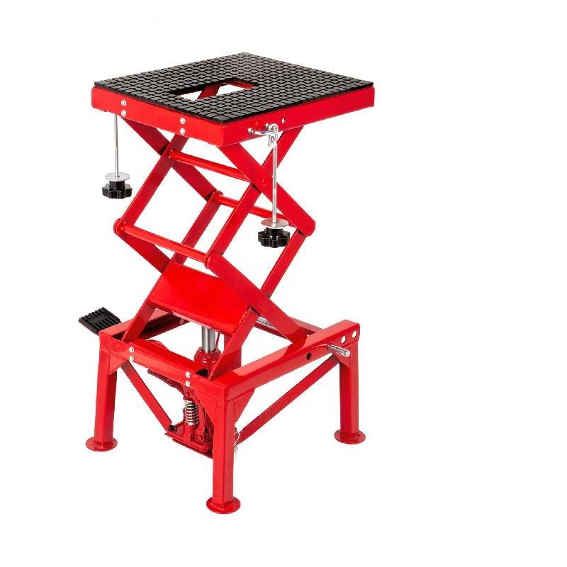 Motorcycle Hydraulic Scissor Lift Jack, 300 LBS Load, Portable Stand Table with Fastening Straps in Red/Silver/Blue.