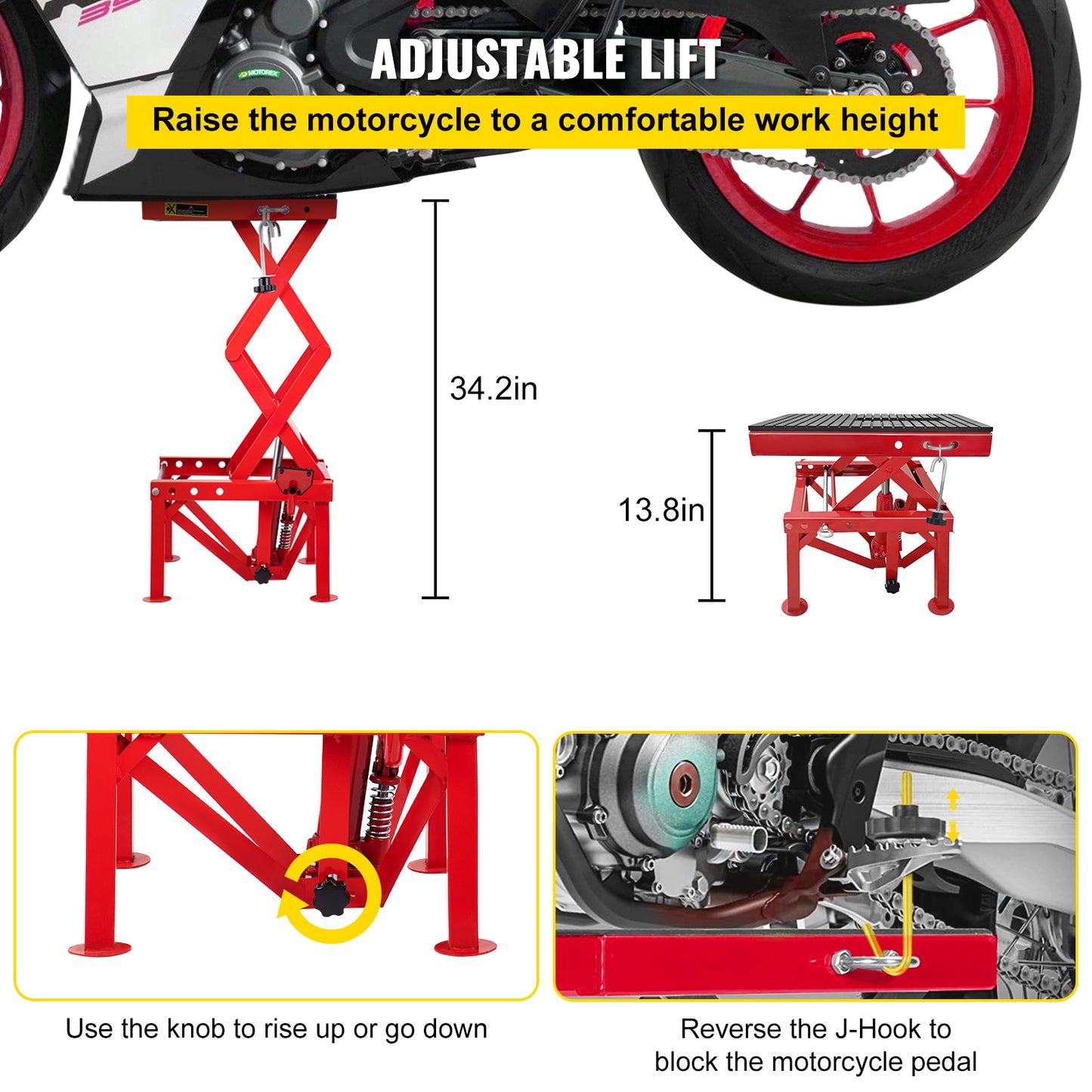 Motorcycle Hydraulic Scissor Lift Jack, 300 LBS Load, Portable Stand Table with Fastening Straps in Red/Silver/Blue.