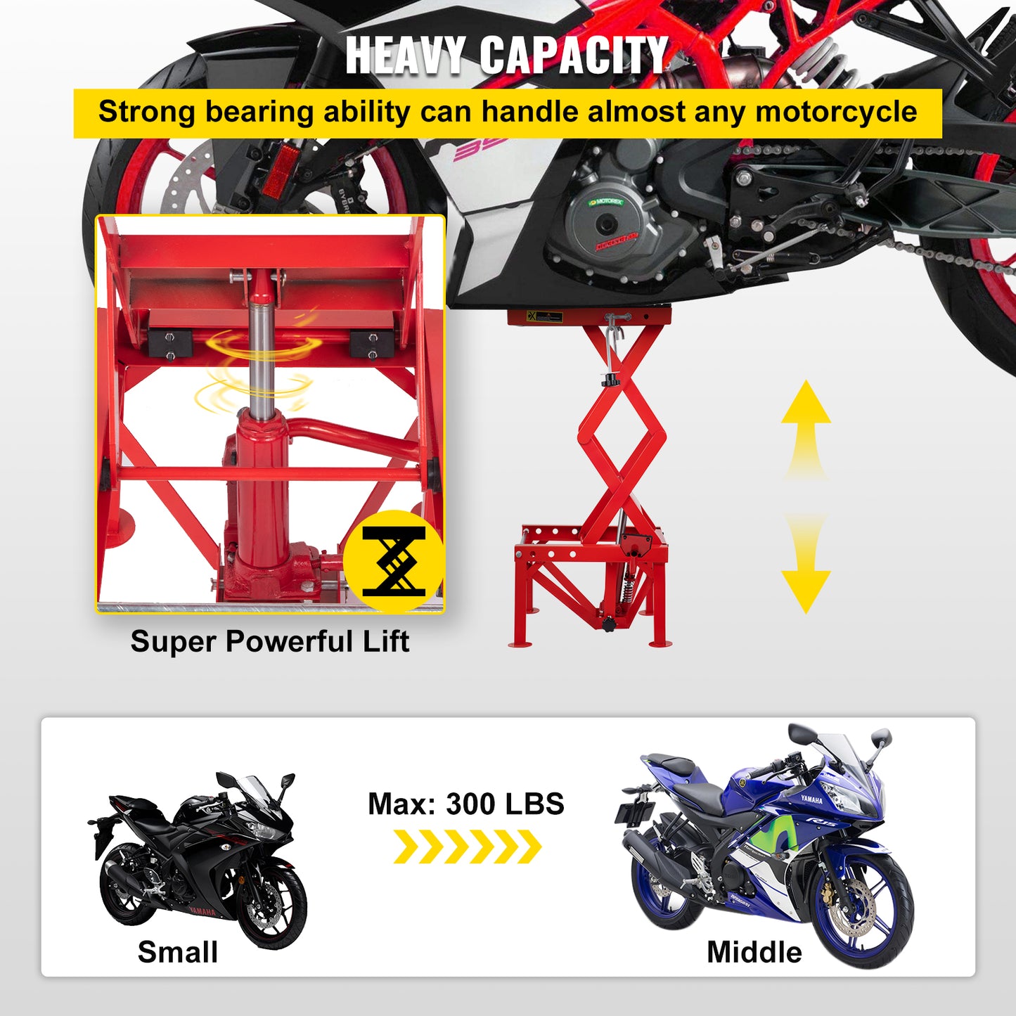 Motorcycle Hydraulic Scissor Lift Jack, 300 LBS Load, Portable Stand Table with Fastening Straps in Red/Silver/Blue.