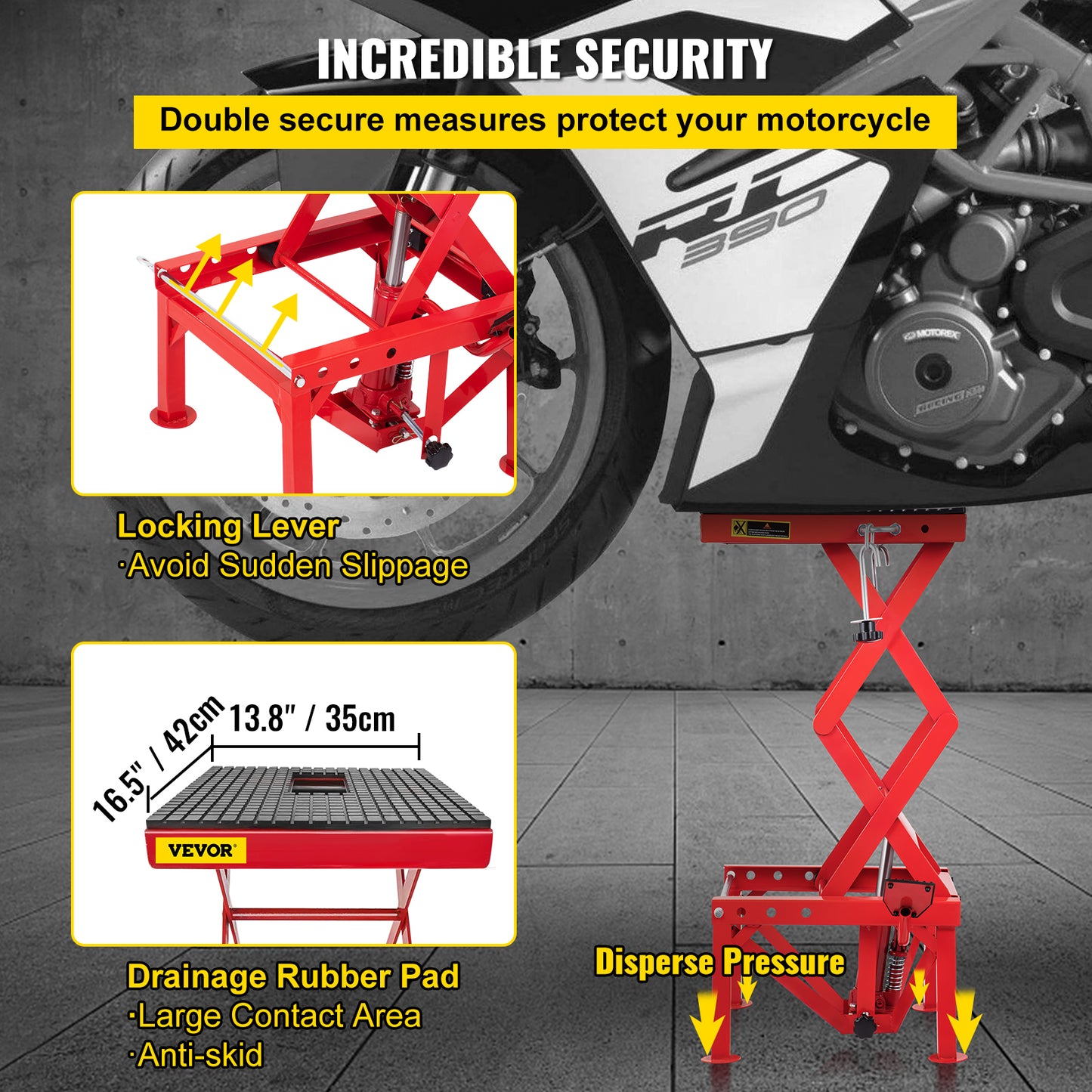 Motorcycle Hydraulic Scissor Lift Jack, 300 LBS Load, Portable Stand Table with Fastening Straps in Red/Silver/Blue.