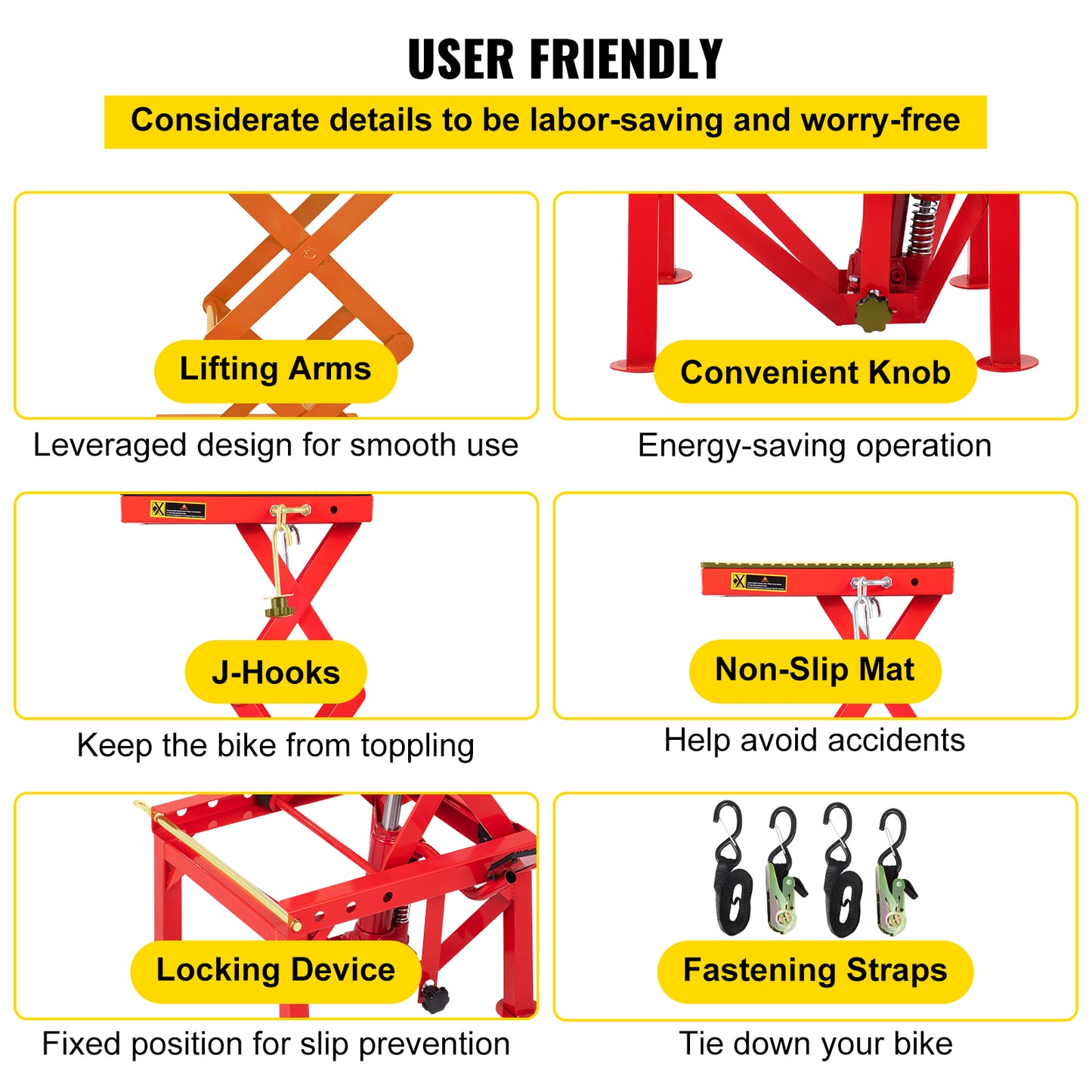 Motorcycle Hydraulic Scissor Lift Jack, 300 LBS Load, Portable Stand Table with Fastening Straps in Red/Silver/Blue.